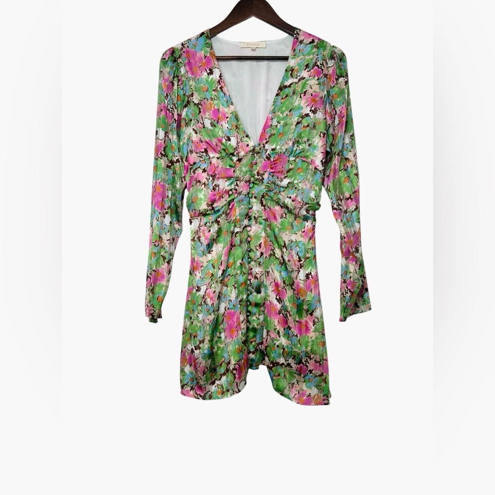 Fanco Watercolor Floral Button Up Long Sleeve Mini Dress Ruched Flare Medium - Picture 2 of 10